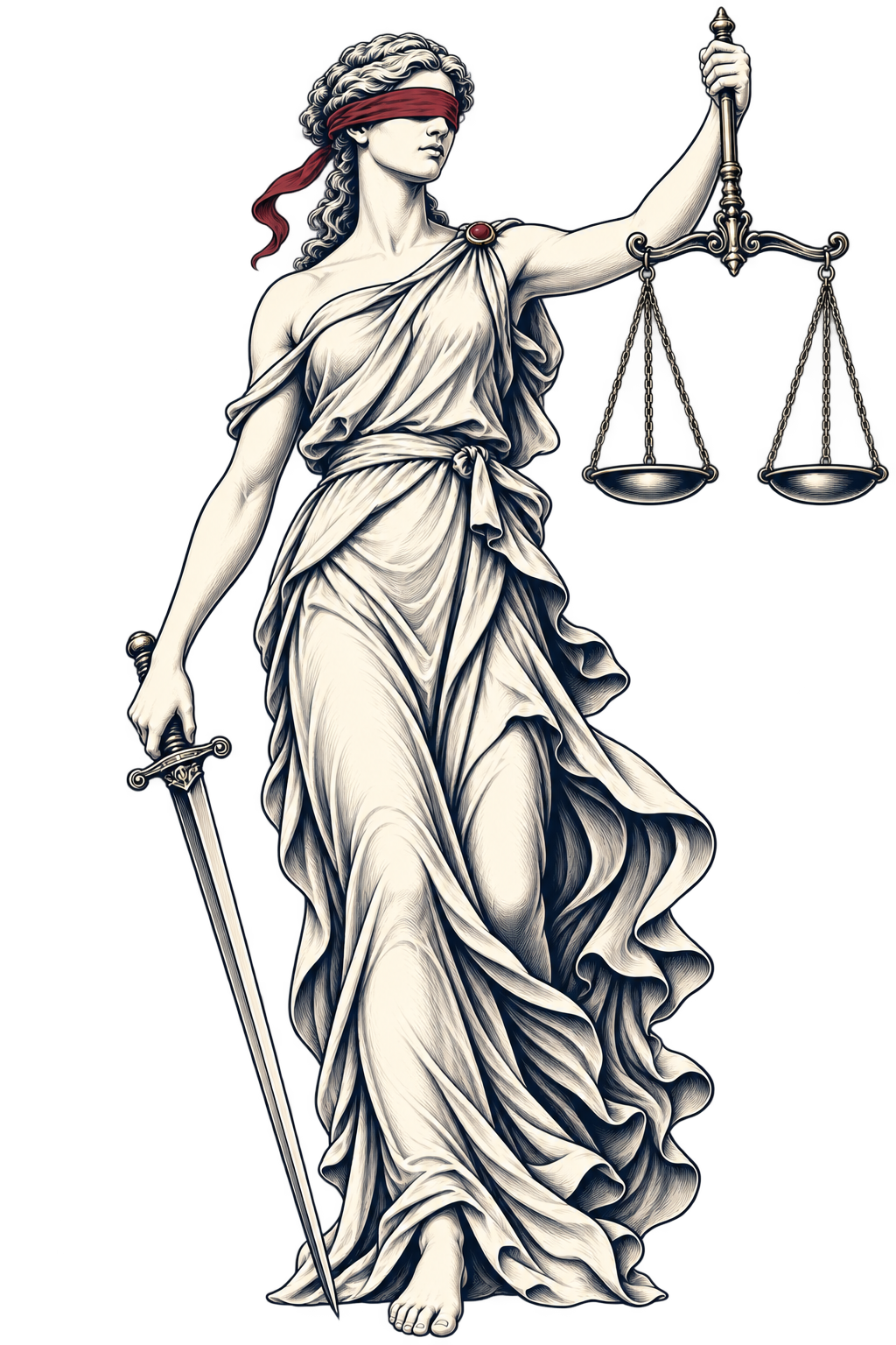 Zeichnung der Justitia mit Augenbinde, Waage und Schwert